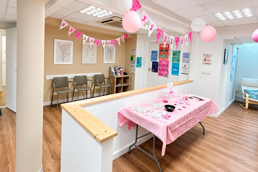 Photo du stand de prévention (Octobre Rose) situé à côté du secrétariat au centre de santé du Marais de Valenciennes/